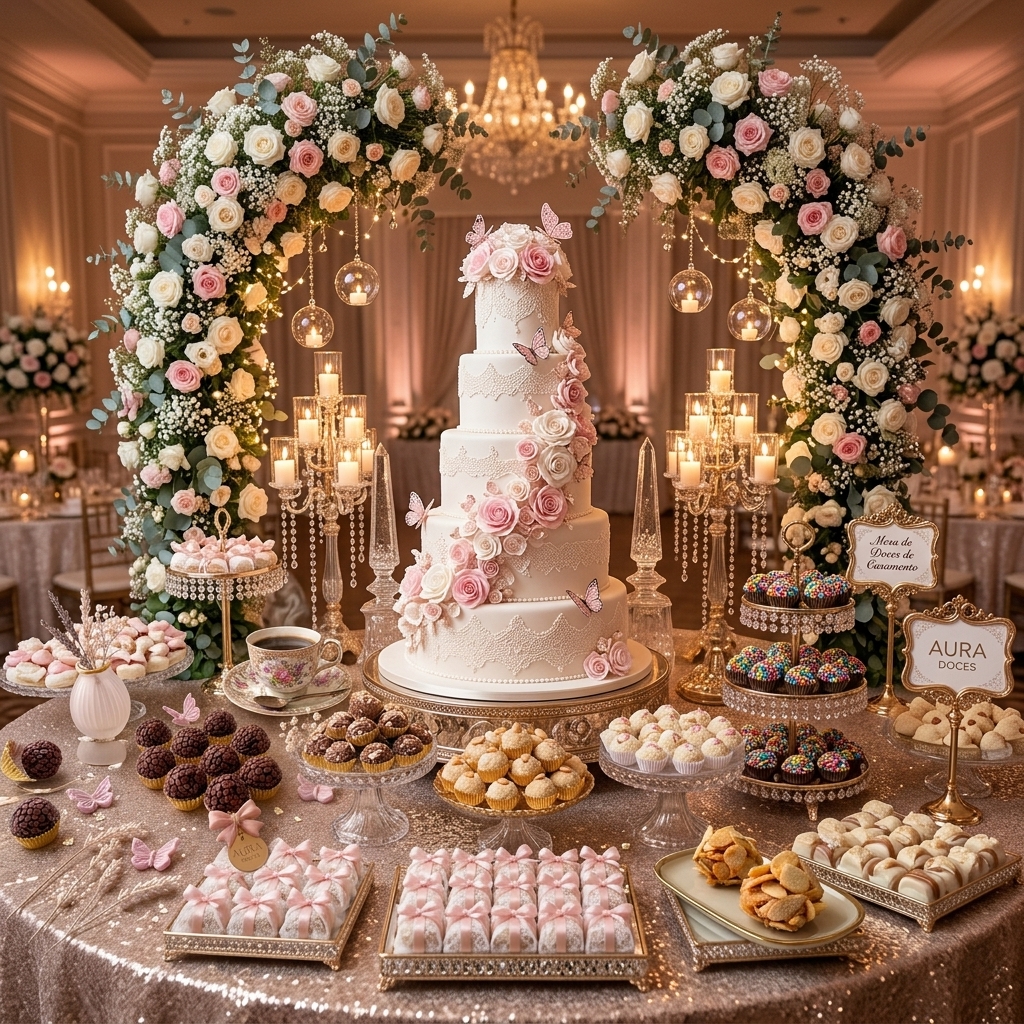 Mesa de doces de casamento decorada com bolo de 5 andares e flores